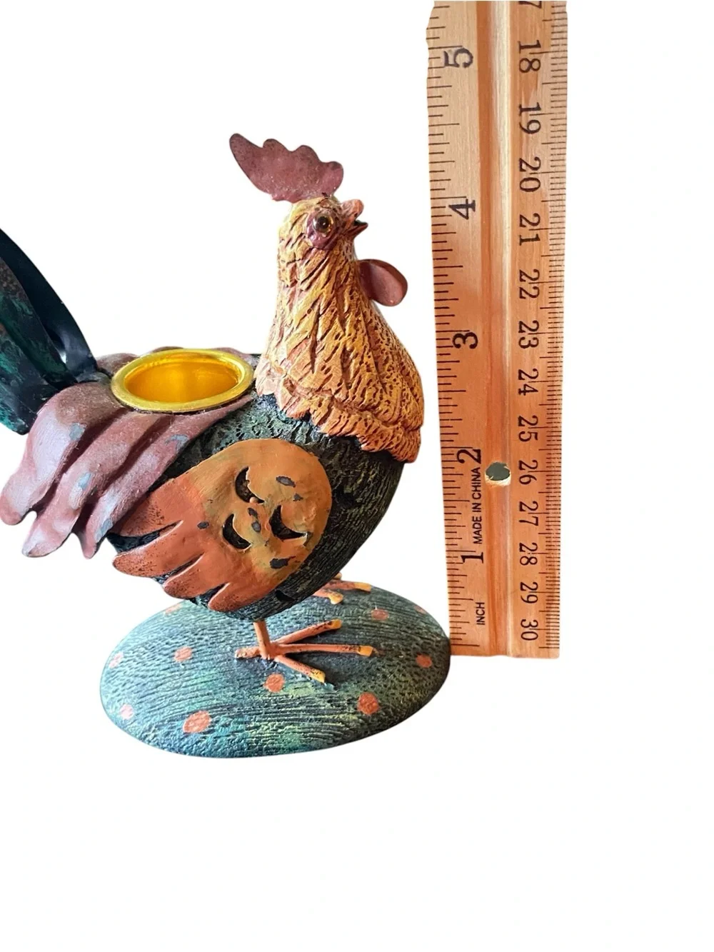 Rooster Candle Holder Rustic Farmhouse Cottage Metal Feathers Painted Chicken